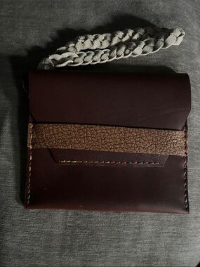 Dark Brown Leather Wallet Clutch with cream braided strap. Multi colored stitch